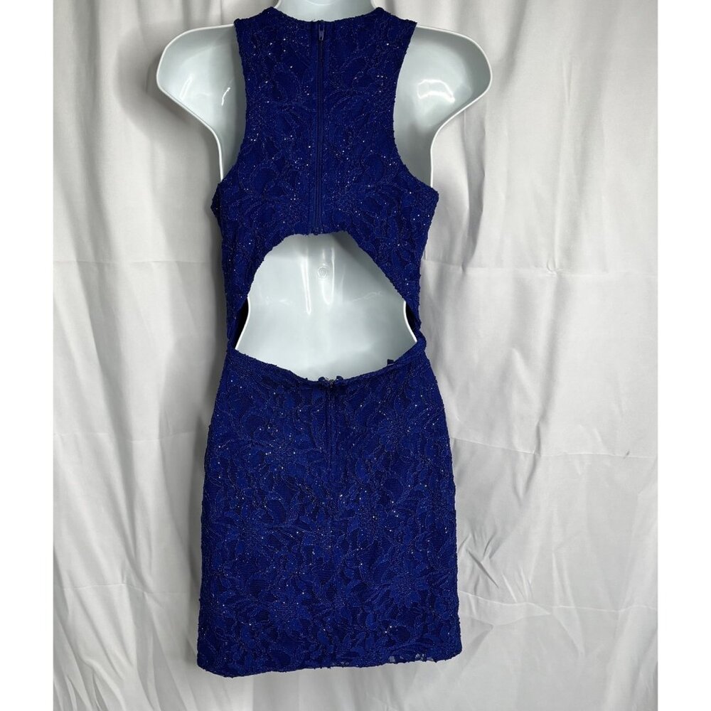Royal Blue Lace Sleeveless Halter Cutout Back Cocktail Dress By Jodi Kristopher - Picture 2 of 3